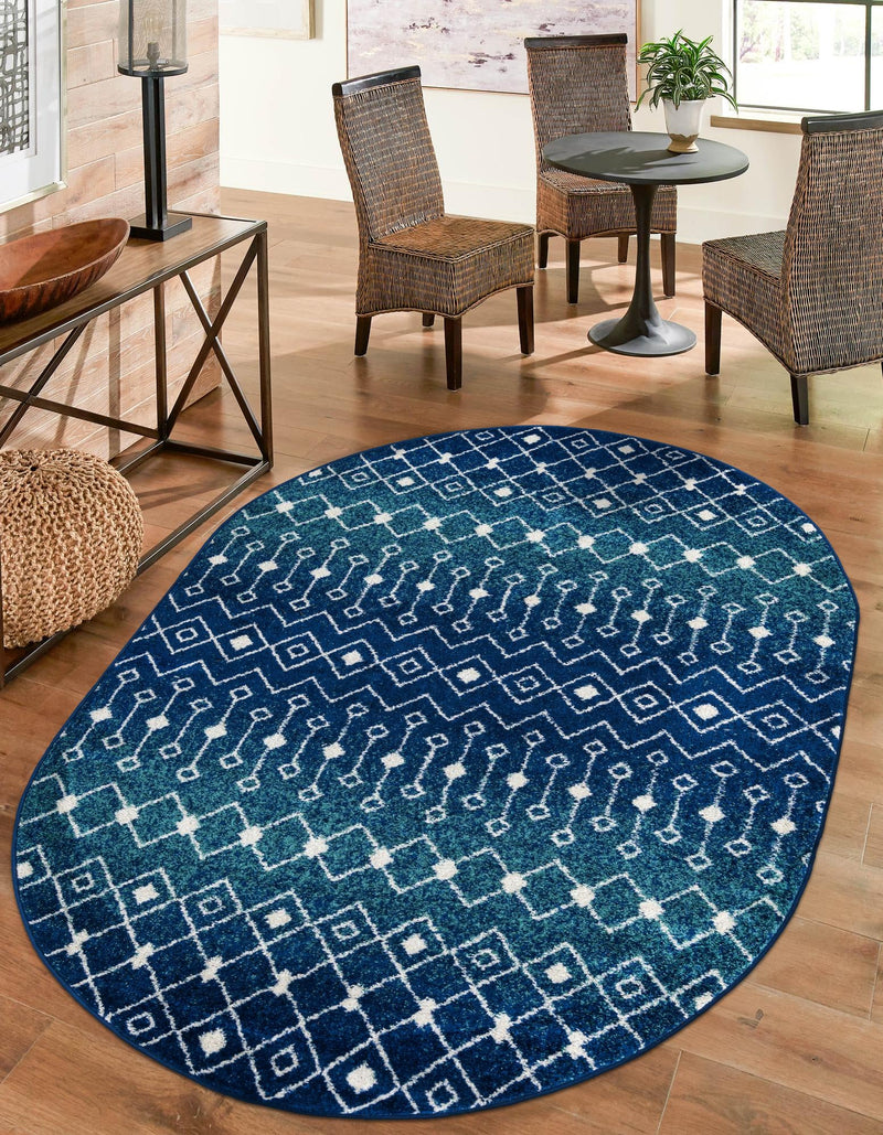 Mediterranean Lattice Collection Area Rug - Santorini (Navy and Teal) Oval Navy and Teal  lifestyle 13