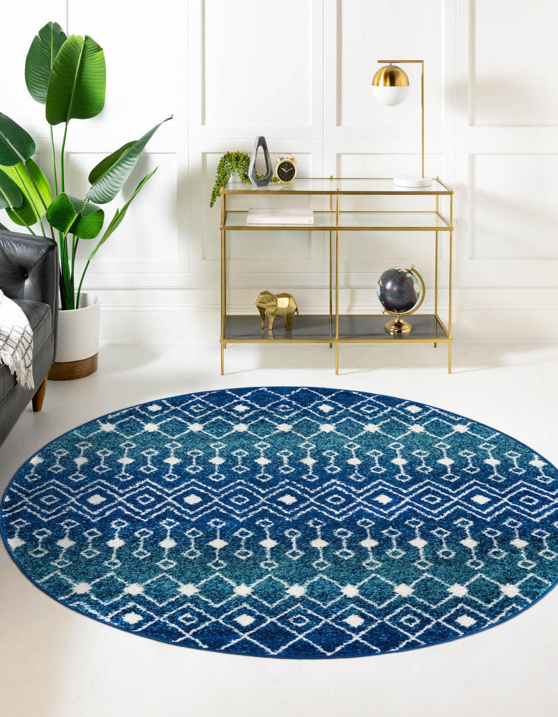 Mediterranean Lattice Collection Area Rug - Santorini (Navy and Teal) Round Navy and Teal  lifestyle 0