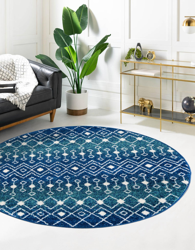 Mediterranean Lattice Collection Area Rug - Santorini (Navy and Teal) Round Navy and Teal  lifestyle 2