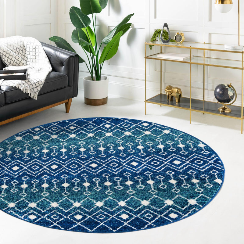 Mediterranean Lattice Collection Area Rug - Santorini (Navy and Teal) Round Navy and Teal  lifestyle 26