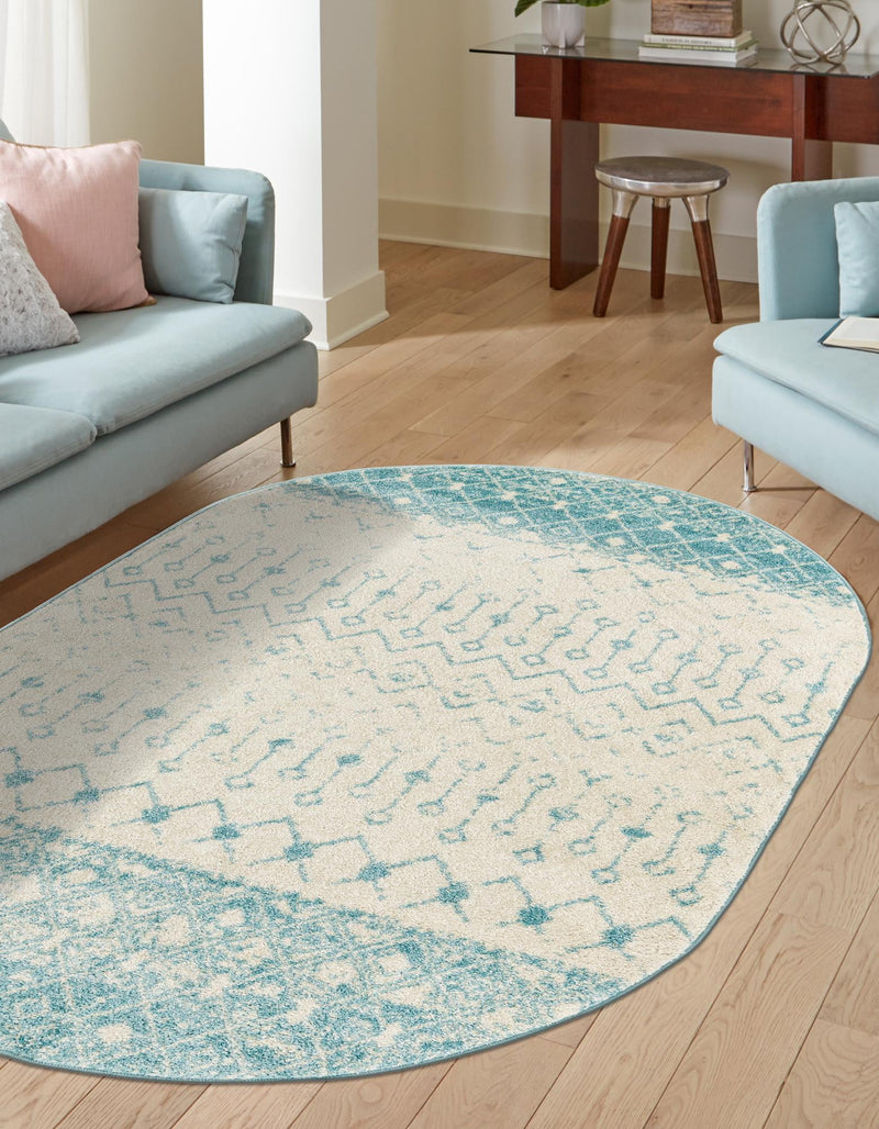 Mediterranean Lattice Collection Area Rug -  Casablanca (Ivory Blue) Oval Ivory Blue  lifestyle 0