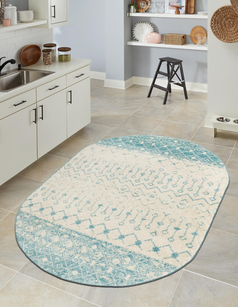 Mediterranean Lattice Collection Area Rug -  Casablanca (Ivory Blue) Oval Ivory Blue  lifestyle 11