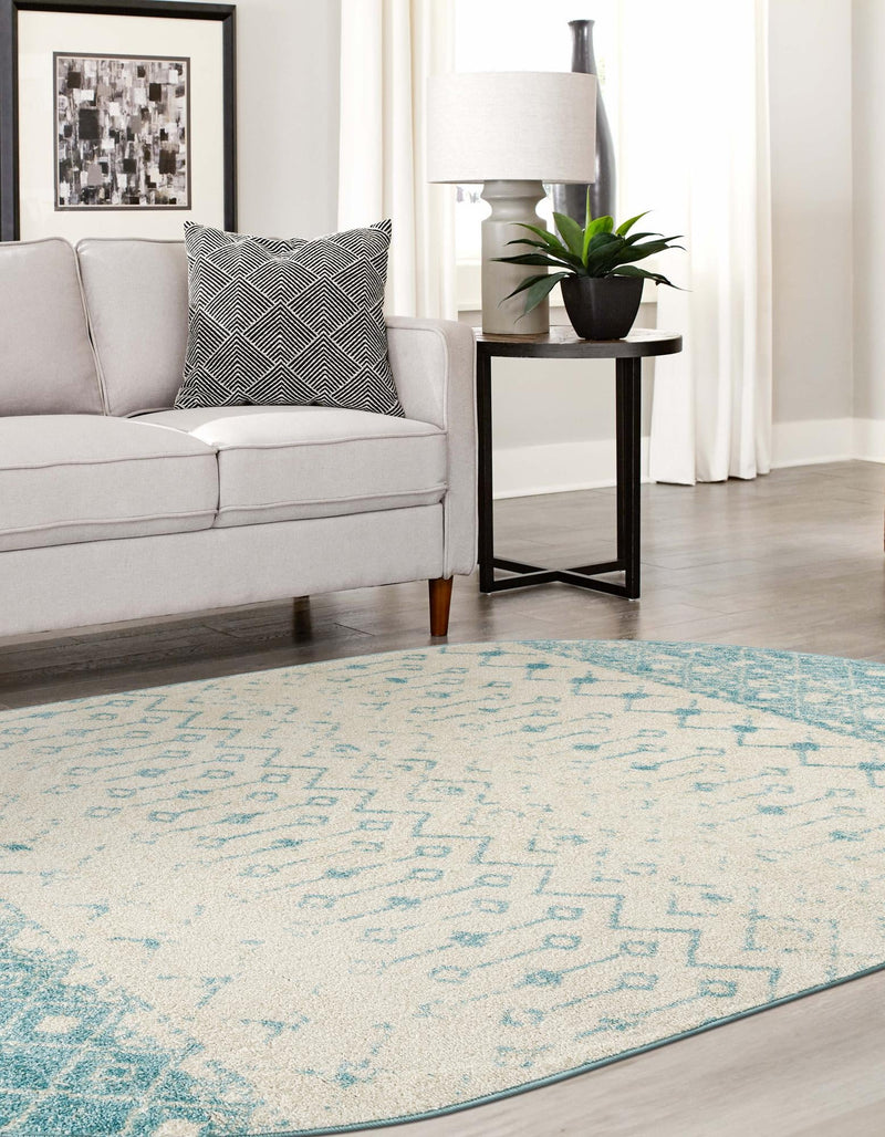 Mediterranean Lattice Collection Area Rug -  Casablanca (Ivory Blue) Oval Ivory Blue  lifestyle 12