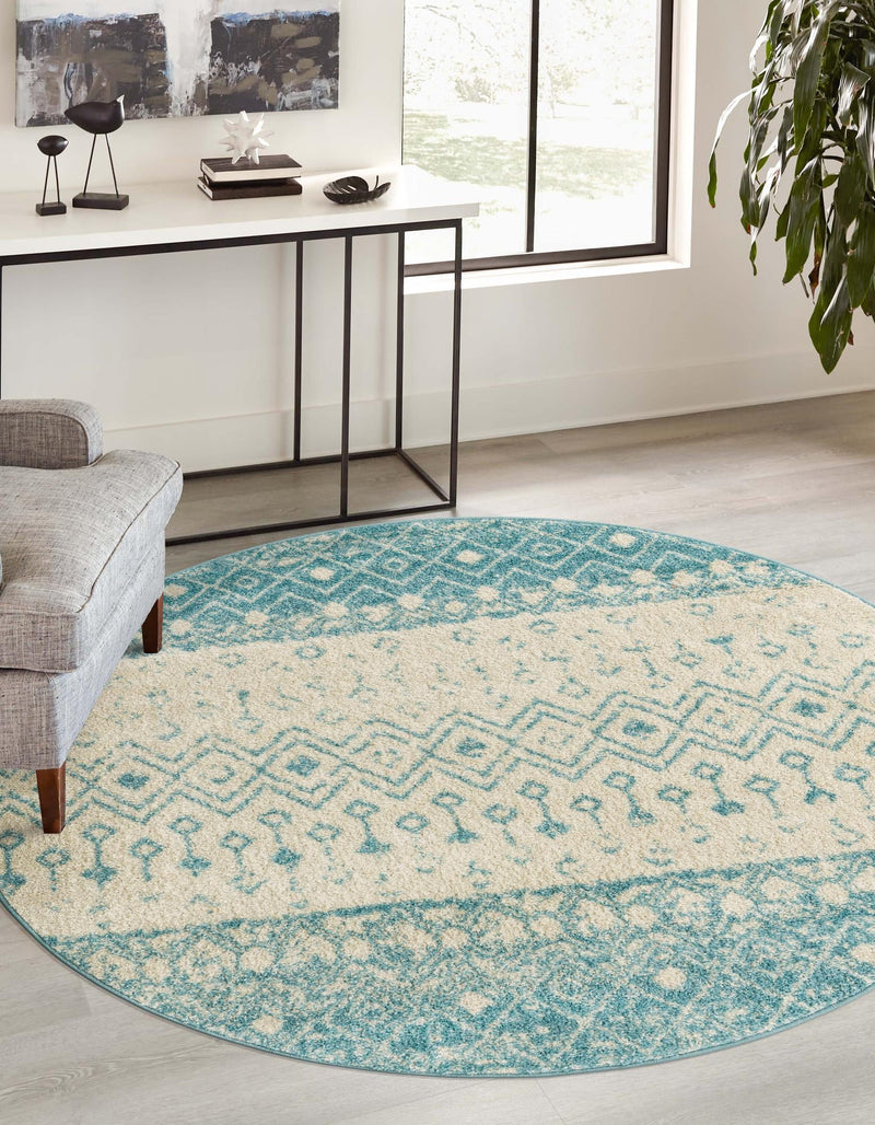 Mediterranean Lattice Collection Area Rug -  Casablanca (Ivory Blue) Round Ivory Blue  lifestyle 0