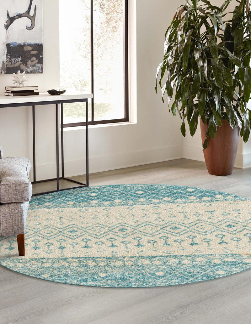 Mediterranean Lattice Collection Area Rug -  Casablanca (Ivory Blue) Round Ivory Blue  lifestyle 2