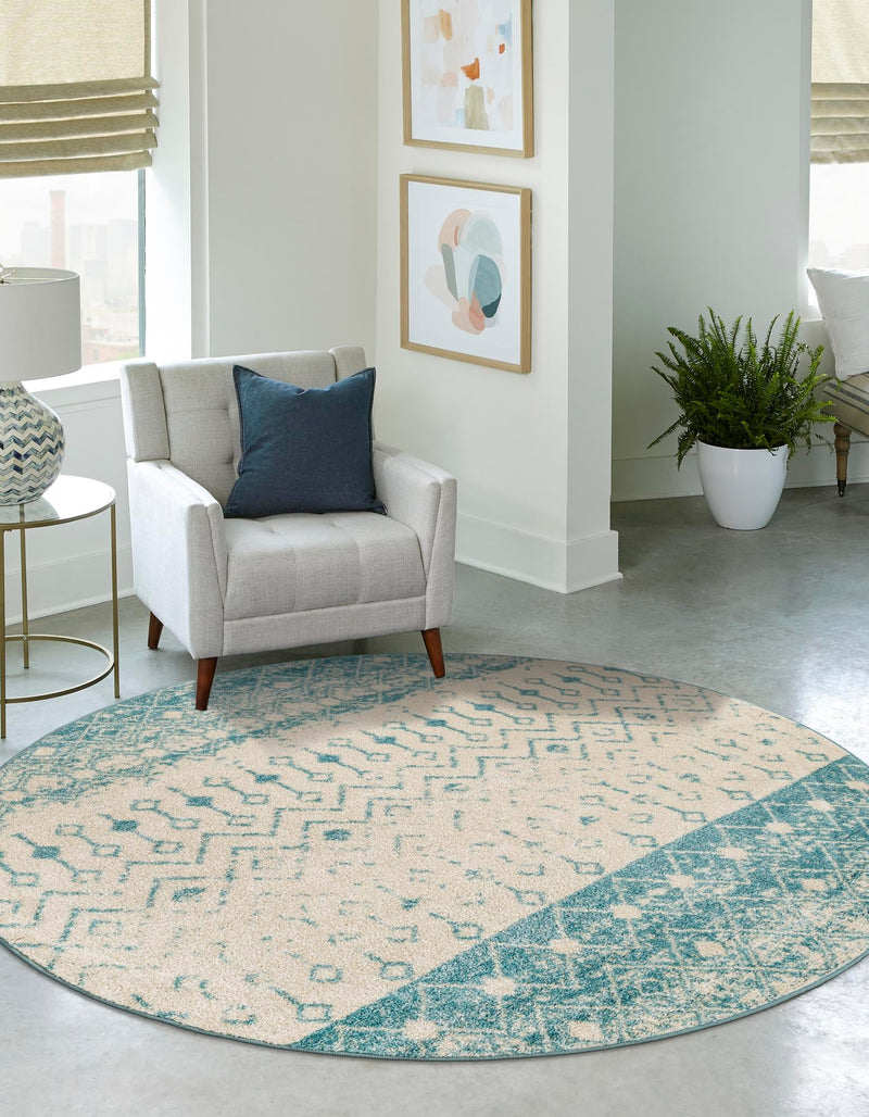 Mediterranean Lattice Collection Area Rug -  Casablanca (Ivory Blue) Round Ivory Blue  lifestyle 30