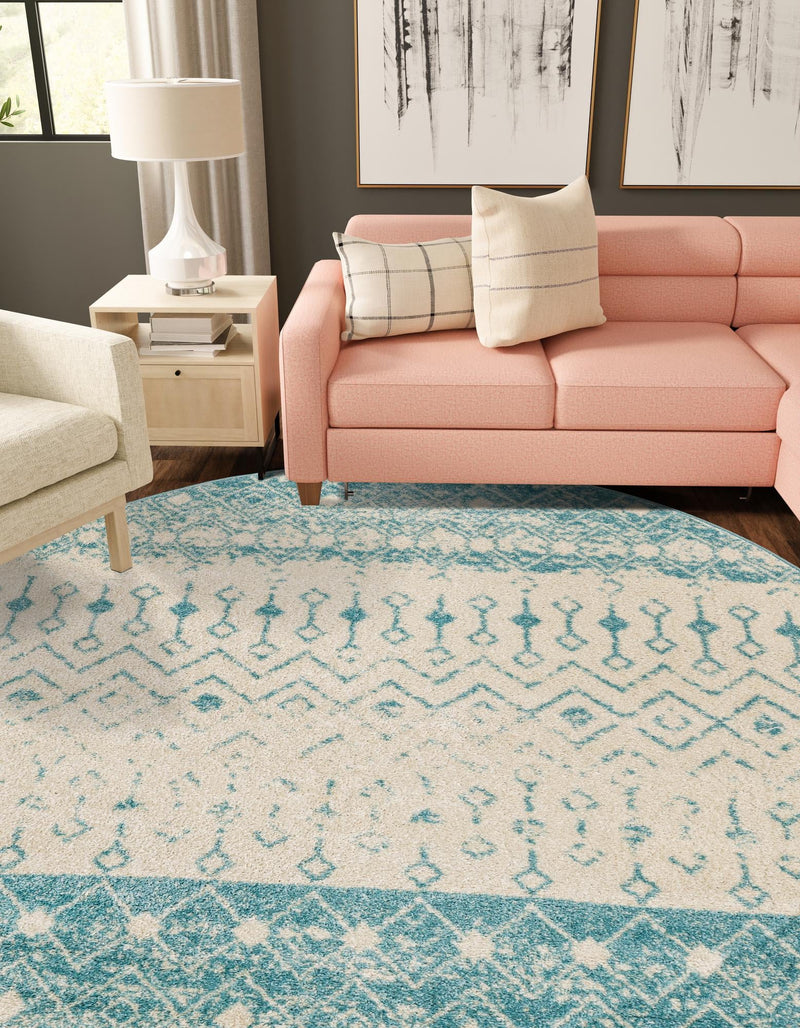 Mediterranean Lattice Collection Area Rug -  Casablanca (Ivory Blue) Round Ivory Blue  lifestyle 36