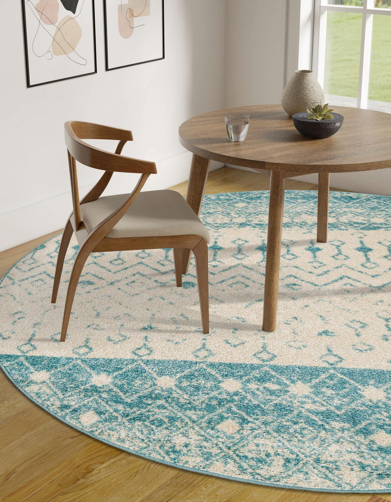 Mediterranean Lattice Collection Area Rug -  Casablanca (Ivory Blue) Round Ivory Blue  lifestyle 39