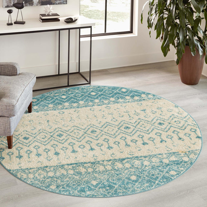 Mediterranean Lattice Collection Area Rug -  Casablanca (Ivory Blue) Round Ivory Blue  lifestyle 13