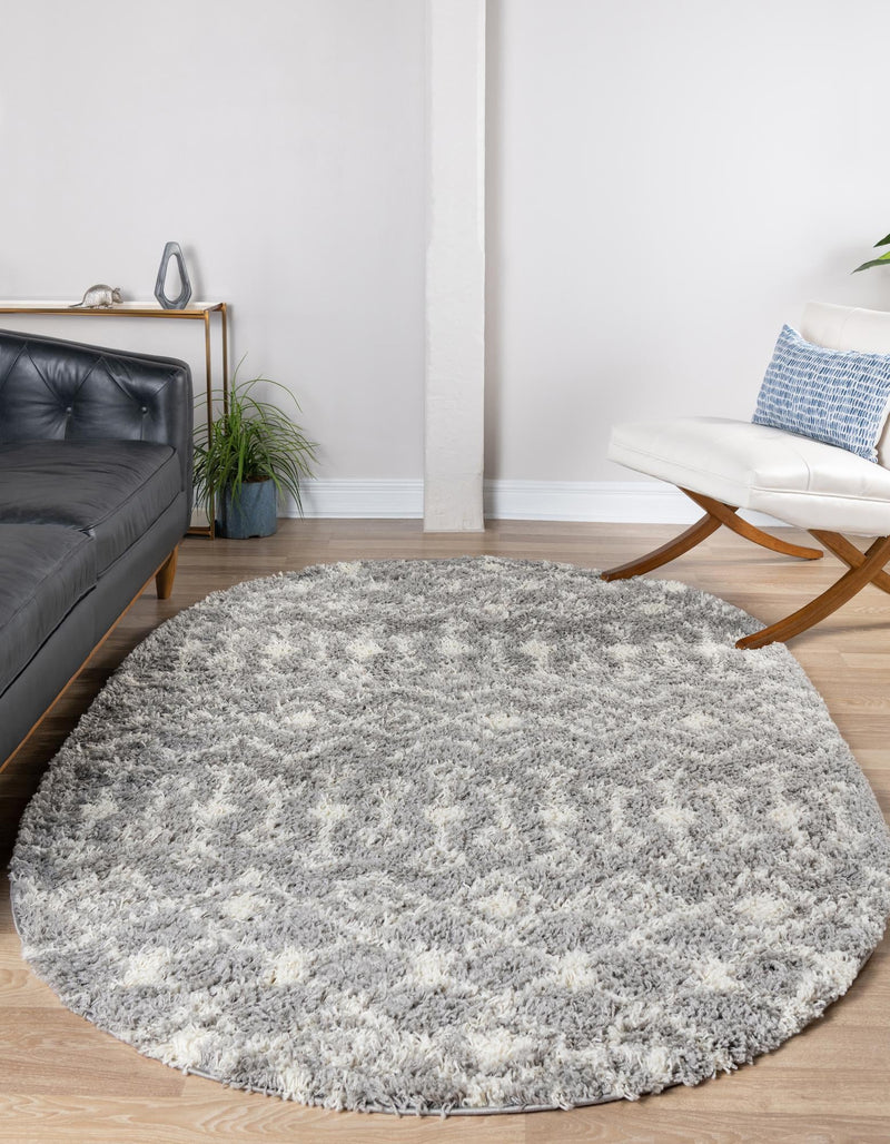 Berber Lattice Shag Collection Area Rug - Atlas (Gray) Oval Gray  lifestyle 0