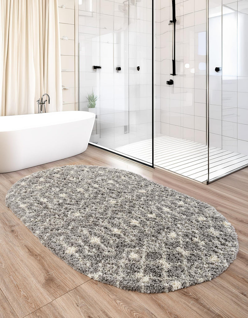 Berber Lattice Shag Collection Area Rug - Atlas (Gray) Oval Gray  lifestyle 31