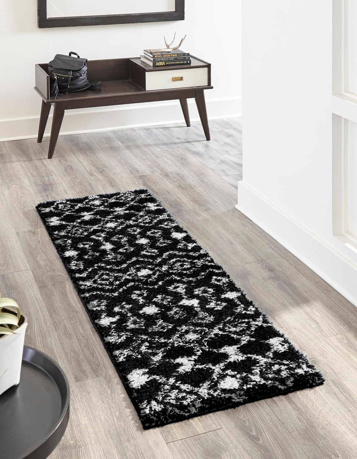 Berber Lattice Shag Collection Area Rug - Atlas (Black and White) Runner Black and White  lifestyle 0