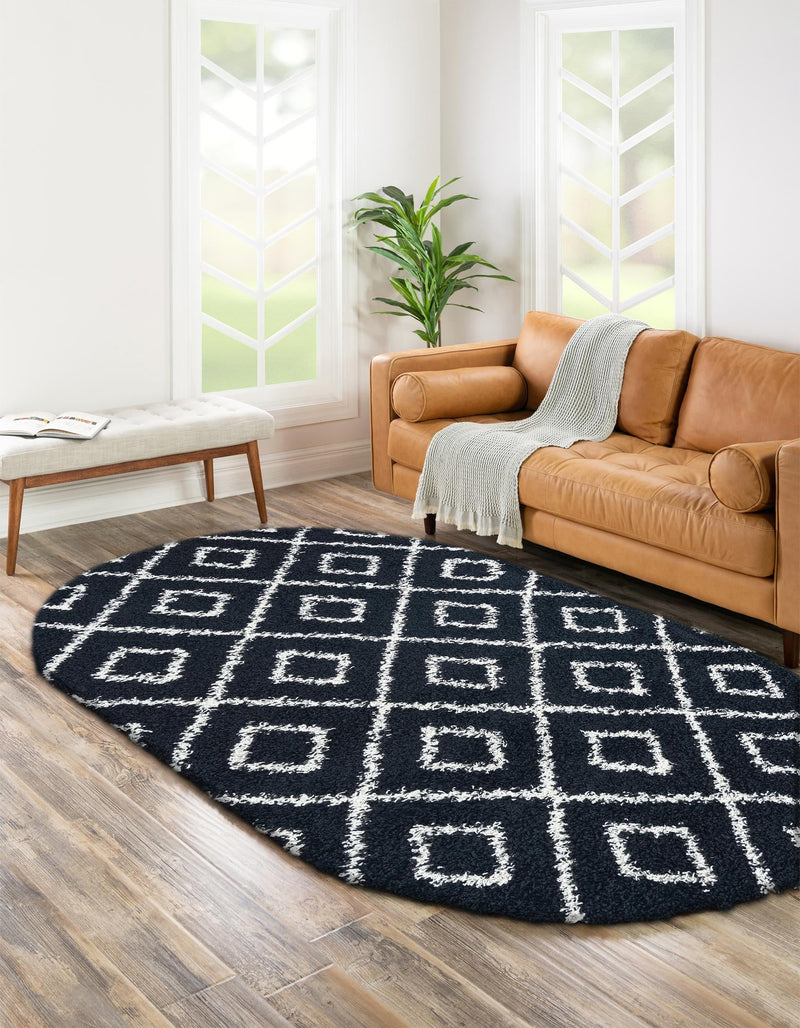 Lattice Loft Shag Collection Area Rug - Soho (Black and White) Oval Black and White  lifestyle 18