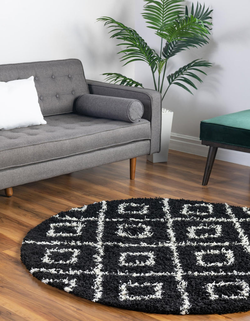 Lattice Loft Shag Collection Area Rug - Soho (Black and White) Round Black and White  lifestyle 0