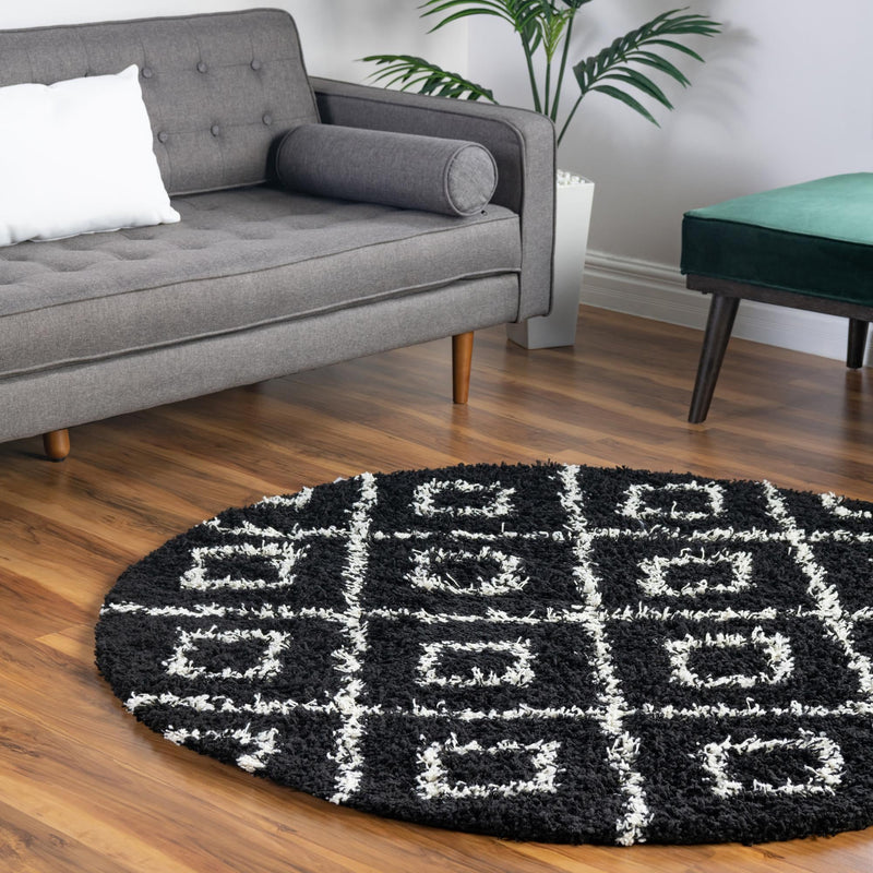 Lattice Loft Shag Collection Area Rug - Soho (Black and White) Round Black and White  lifestyle 12