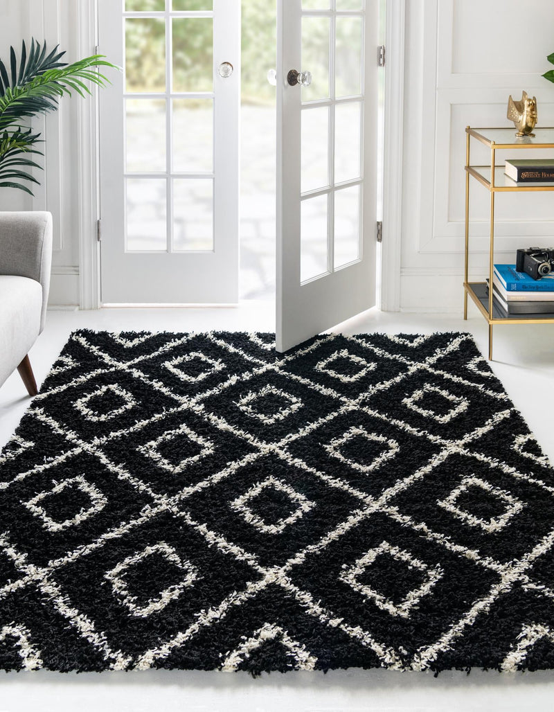 Lattice Loft Shag Collection Area Rug - Soho (Black and White) Square Black and White  lifestyle 2