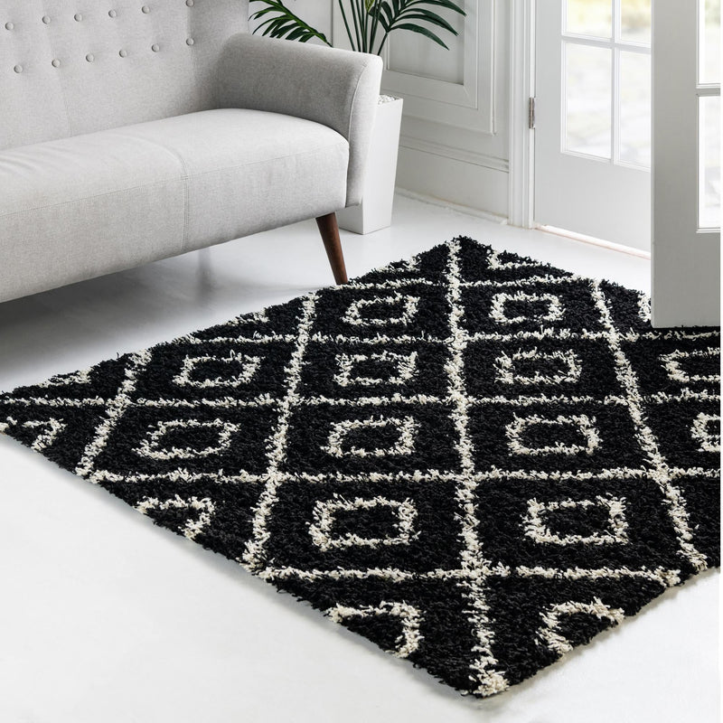 Lattice Loft Shag Collection Area Rug - Soho (Black and White) Square Black and White  lifestyle 14