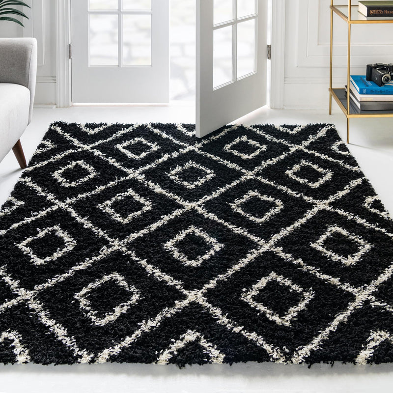 Lattice Loft Shag Collection Area Rug - Soho (Black and White) Square Black and White  lifestyle 15