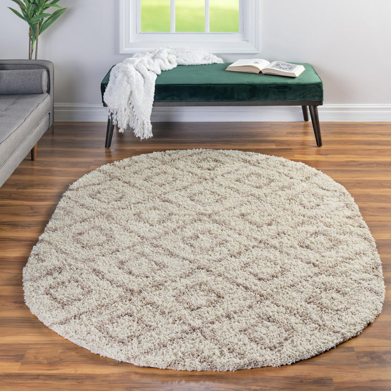 Lattice Loft Shag Collection Area Rug - Soho (Beige) Oval Beige  lifestyle 14