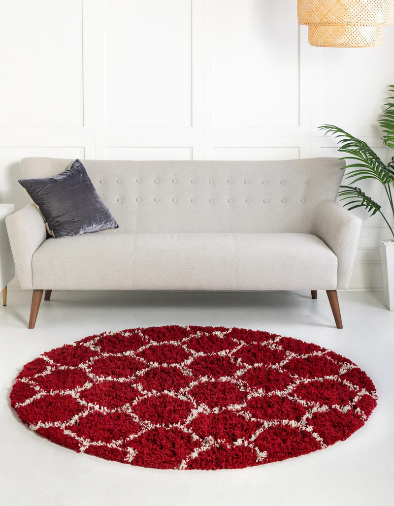 Lattice Loft Shag Collection Area Rug - Chelsea (Burgundy Red) Round Burgundy Red  lifestyle 2