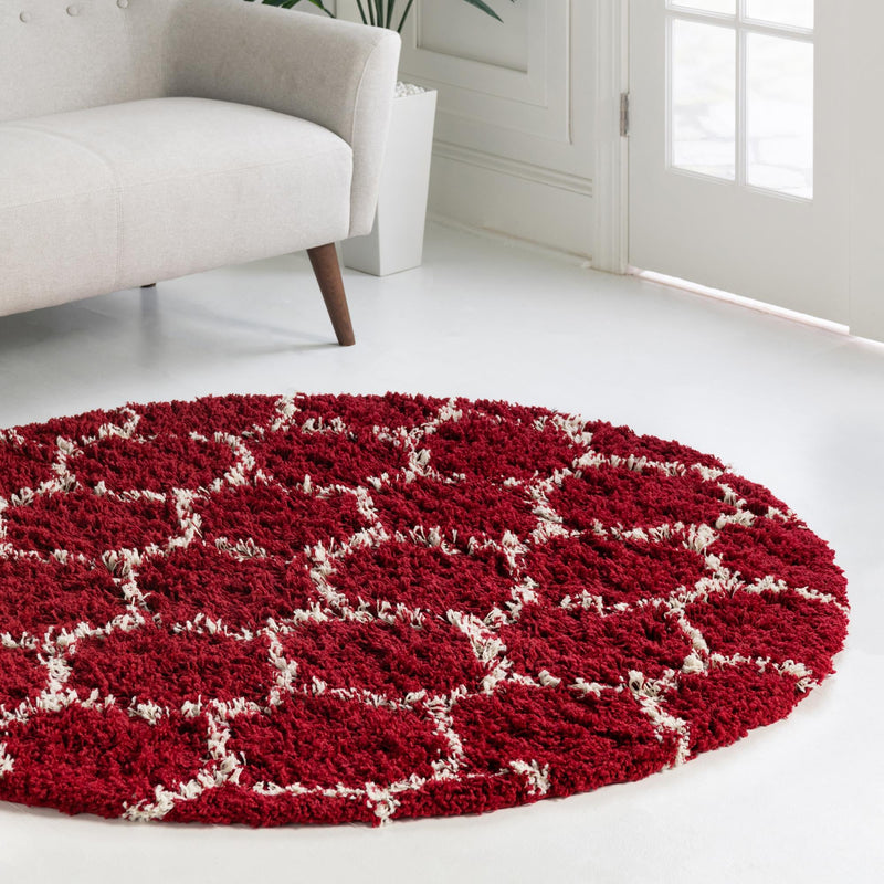 Lattice Loft Shag Collection Area Rug - Chelsea (Burgundy Red) Round Burgundy Red  lifestyle 13