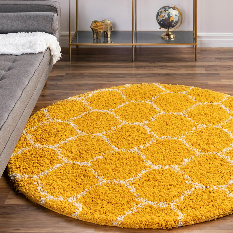 Lattice Loft Shag Collection Area Rug - Chelsea (Yellow) Round Yellow  lifestyle 16