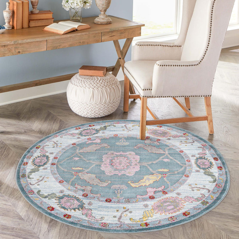 Arcadia Rugs Collection Area Rug - Eden (Gray and Blue) Round Gray and Blue  lifestyle 52