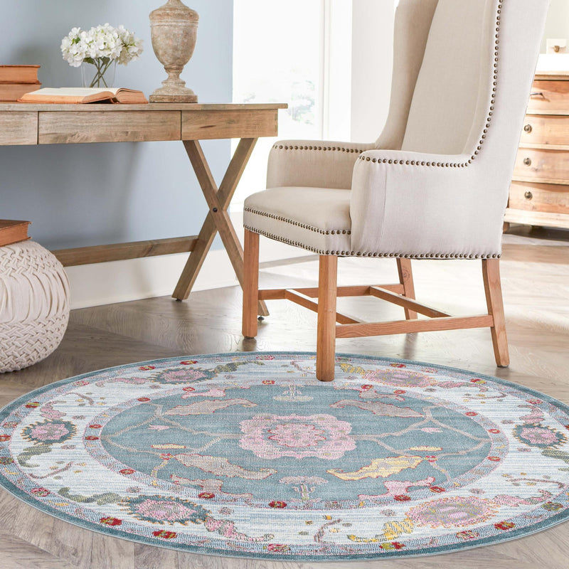 Arcadia Rugs Collection Area Rug - Eden (Gray and Blue) Round Gray and Blue  lifestyle 57