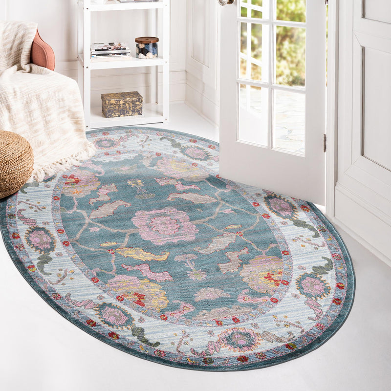 Arcadia Rugs Collection Area Rug - Eden (Gray and Blue) Oval Gray and Blue  lifestyle 54