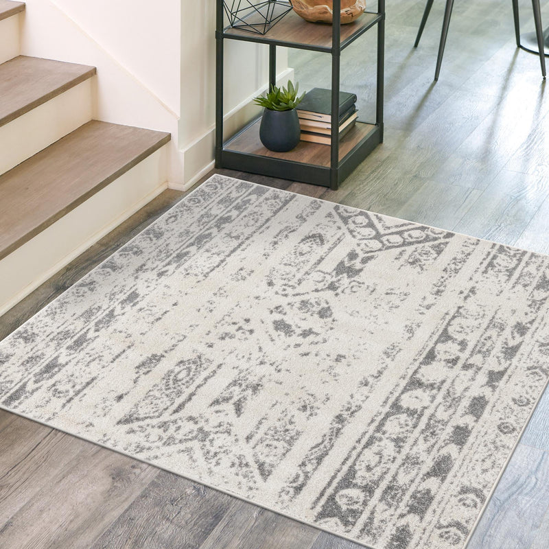 Brighton Stripes Collection Area Rug - Sussex (Ivory and Gray) Square Ivory and Gray  lifestyle 13