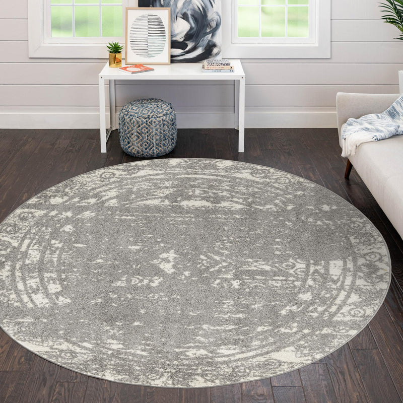 Brighton Stripes Collection Area Rug - Sussex (Gray and Ivory) Round Gray and Ivory  lifestyle 19