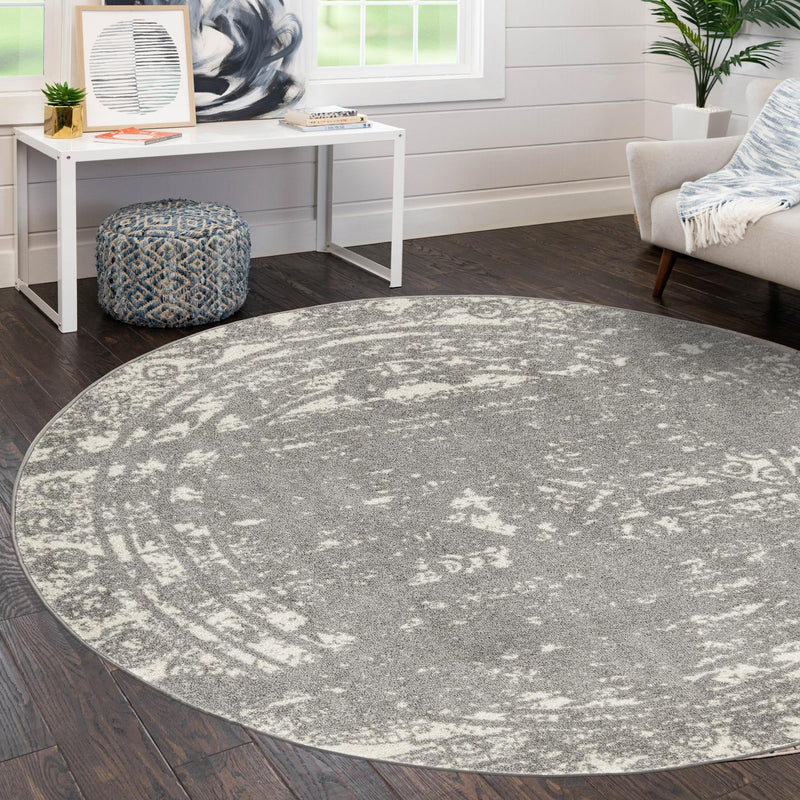 Brighton Stripes Collection Area Rug - Sussex (Gray and Ivory) Round Gray and Ivory  lifestyle 21