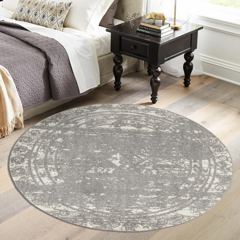 Brighton Stripes Collection Area Rug - Sussex (Gray and Ivory) Round Gray and Ivory  lifestyle 23