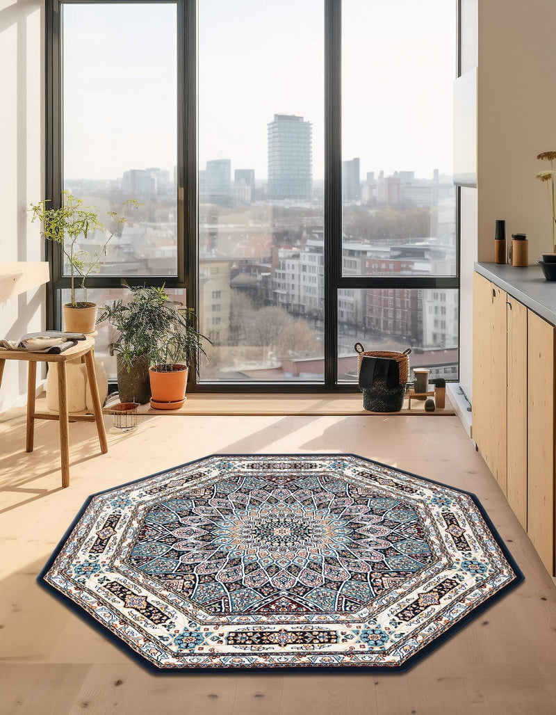 Persian Elegance Collection Area Rug -  Hamedan (Navy Blue) Octagon Navy Blue  lifestyle 16