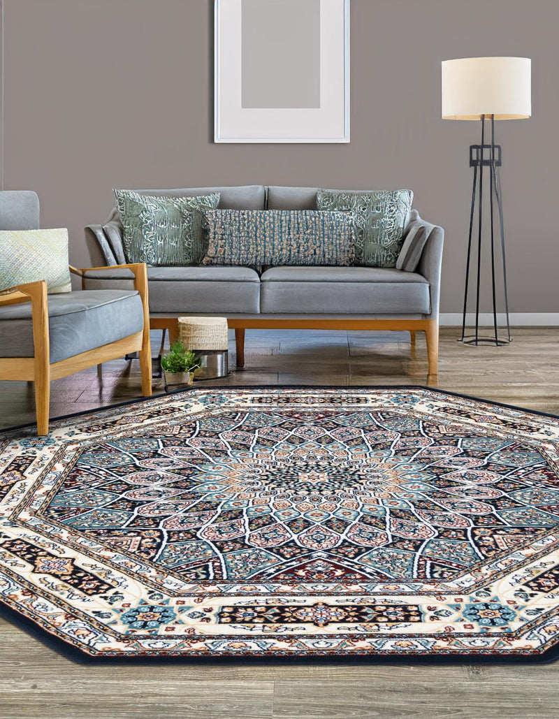 Persian Elegance Collection Area Rug -  Hamedan (Navy Blue) Octagon Navy Blue  lifestyle 28