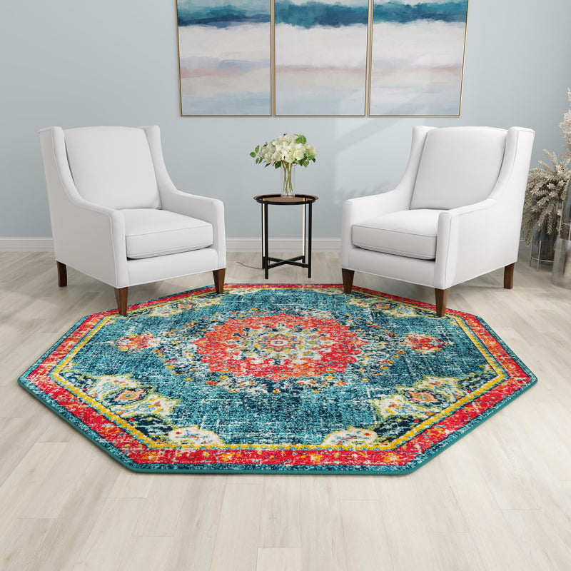 Brighton Terrace Collection Area Rug - Hove (Blue) Octagon Blue  lifestyle 69