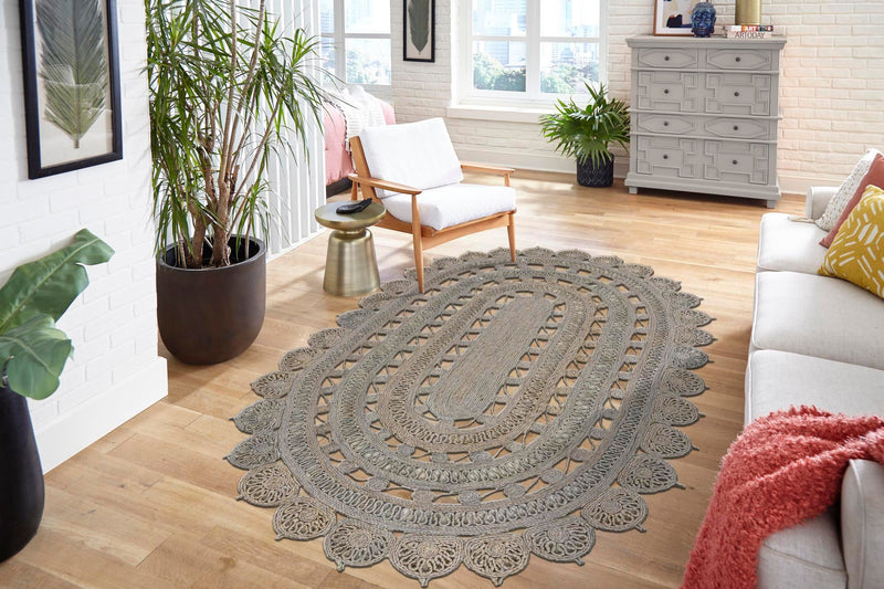 Woven Seaside Jute Collection Area Rug - Coastalhaven (Gray) Oval Gray  lifestyle 7