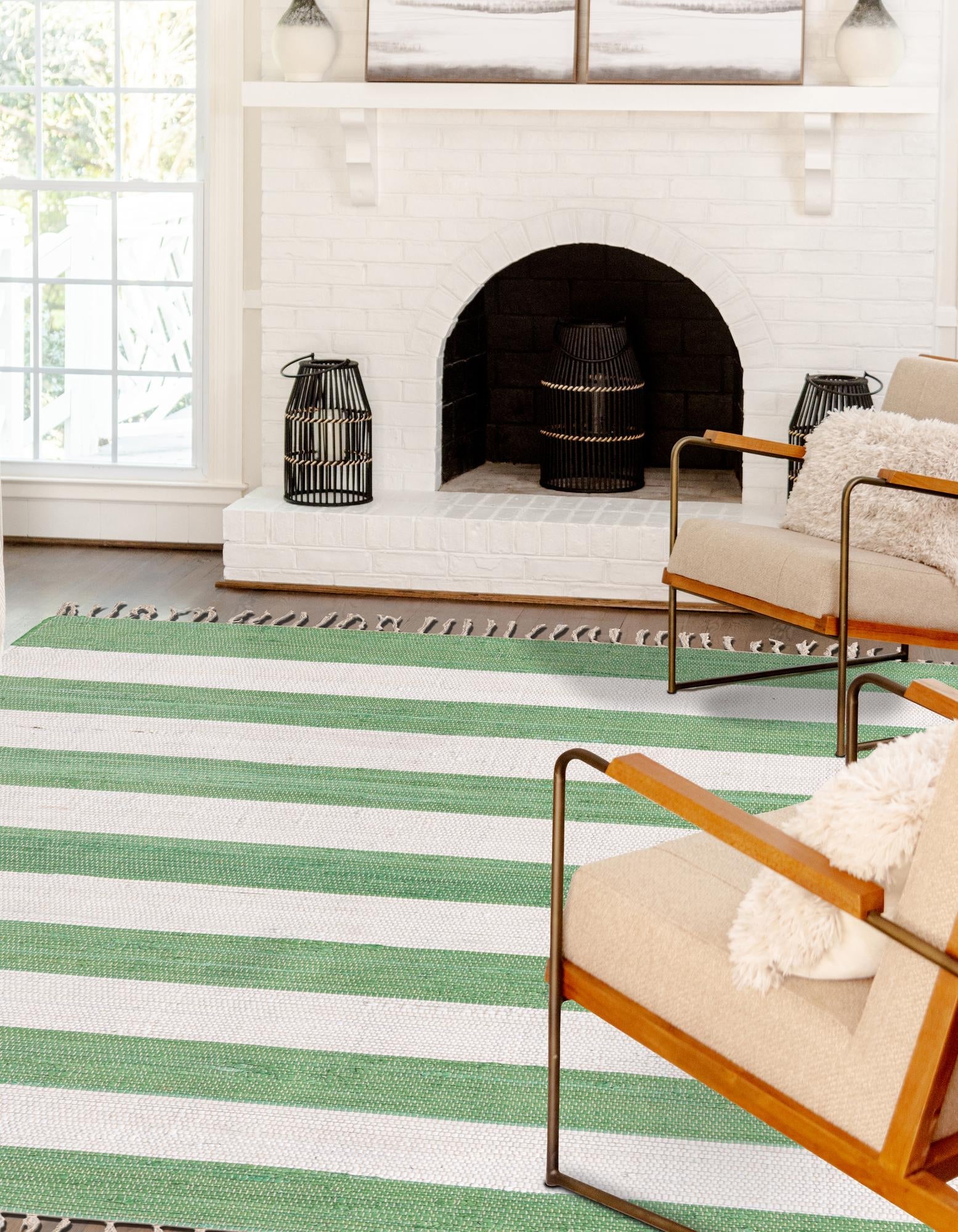 Tassel Trail Collection Area Rug - Pathway (Green and Ivory)