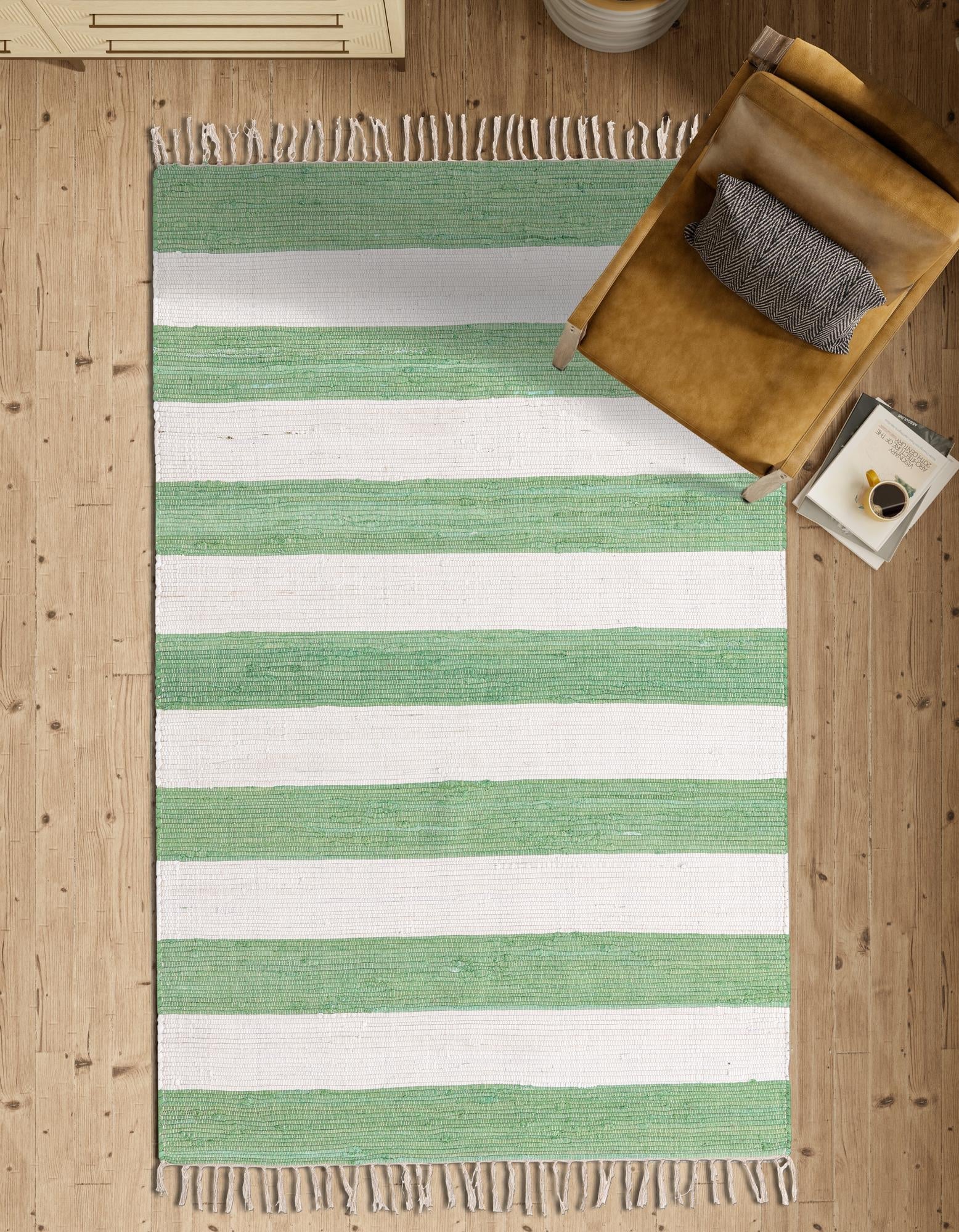 Tassel Trail Collection Area Rug - Pathway (Green and Ivory)