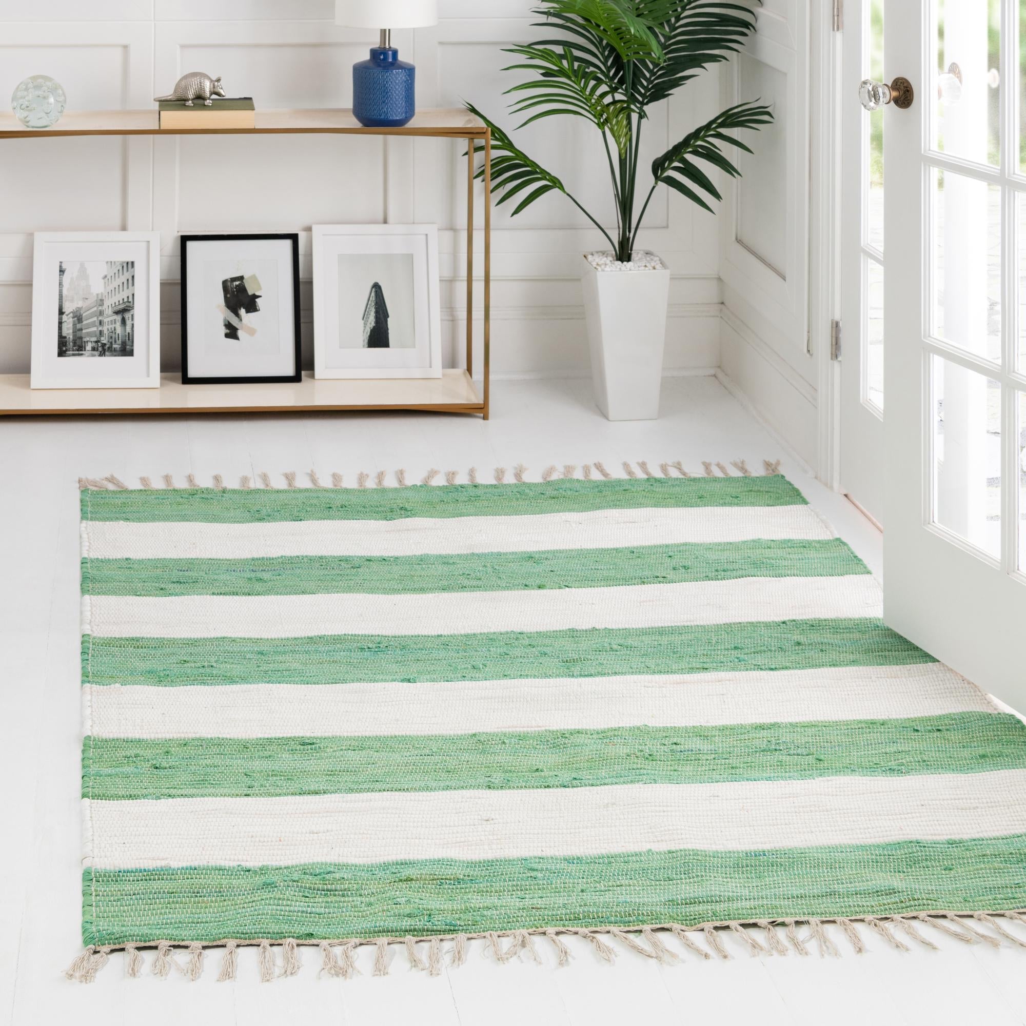 Tassel Trail Collection Area Rug - Pathway (Green and Ivory)