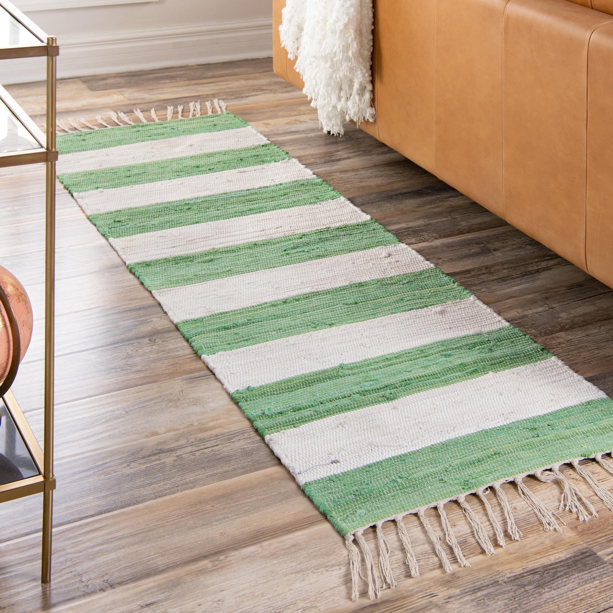 Tassel Trail Collection Area Rug - Pathway (Green and Ivory)