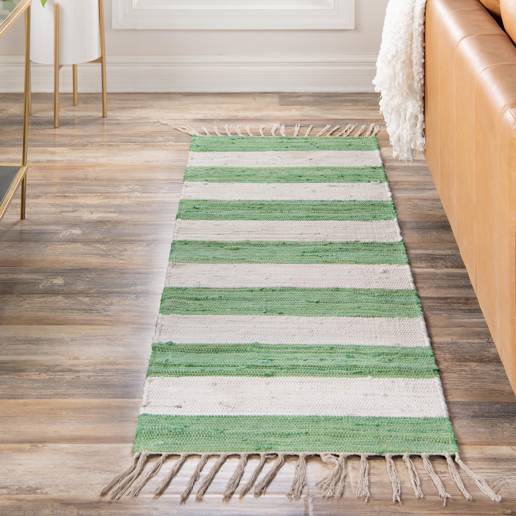 Tassel Trail Collection Area Rug - Pathway (Green and Ivory)