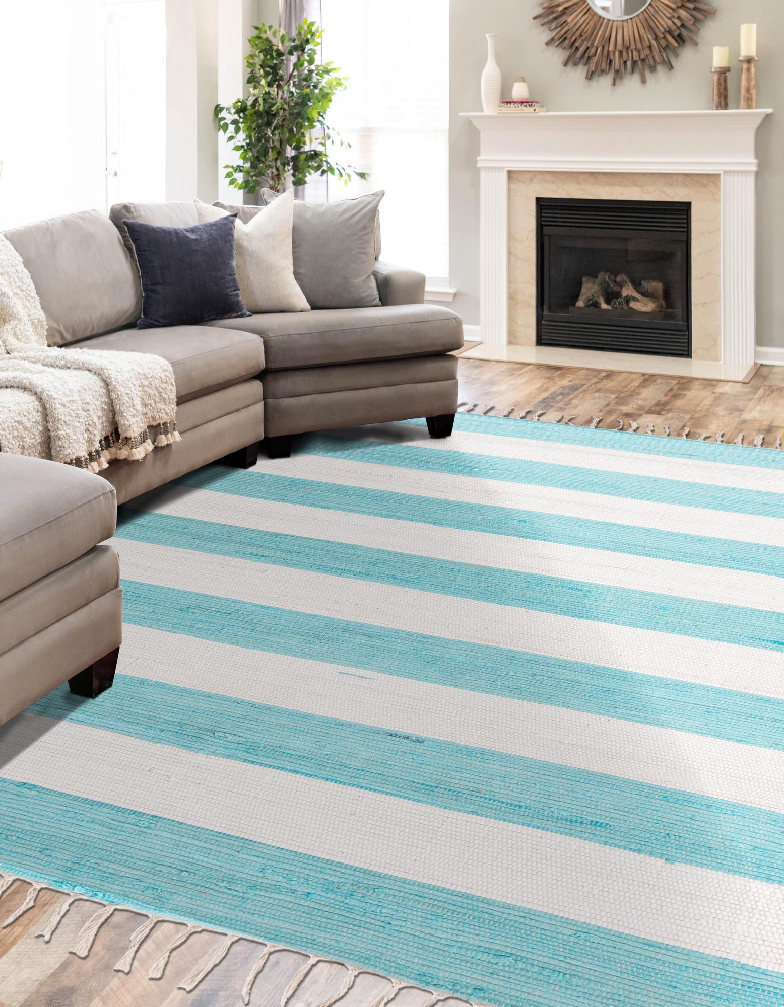 Tassel Trail Collection Area Rug - Pathway (Turquoise and Ivory)