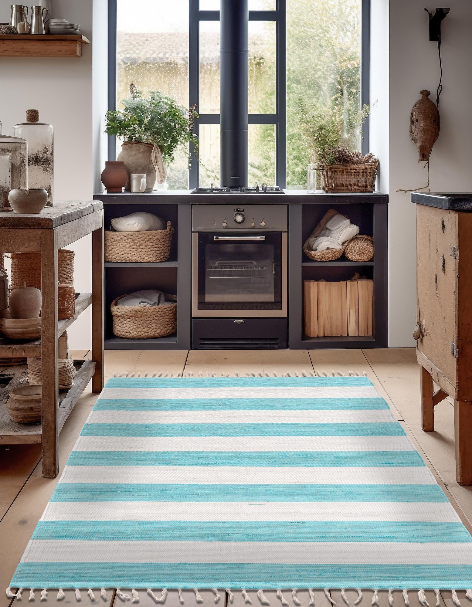 Tassel Trail Collection Area Rug - Pathway (Turquoise and Ivory)