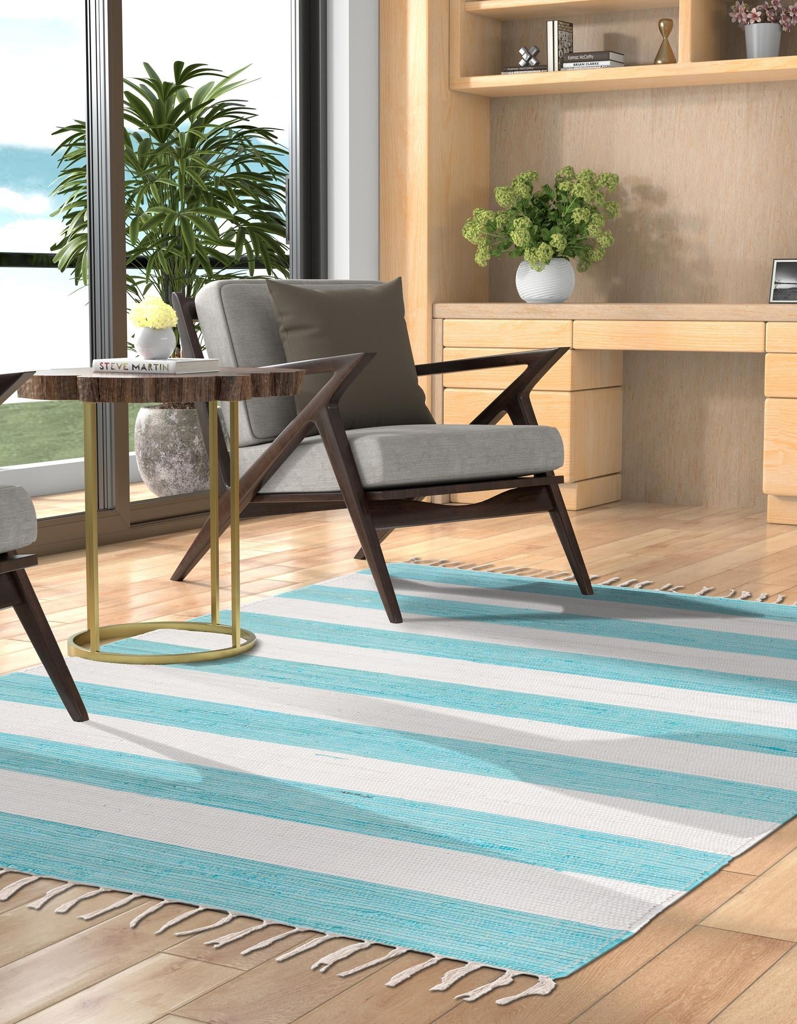 Tassel Trail Collection Area Rug - Pathway (Turquoise and Ivory)