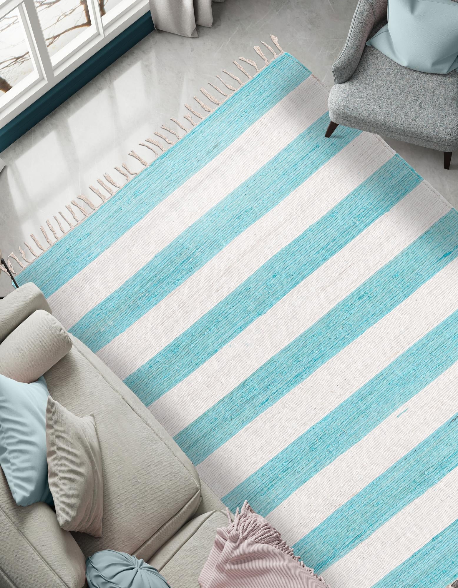 Tassel Trail Collection Area Rug - Pathway (Turquoise and Ivory)