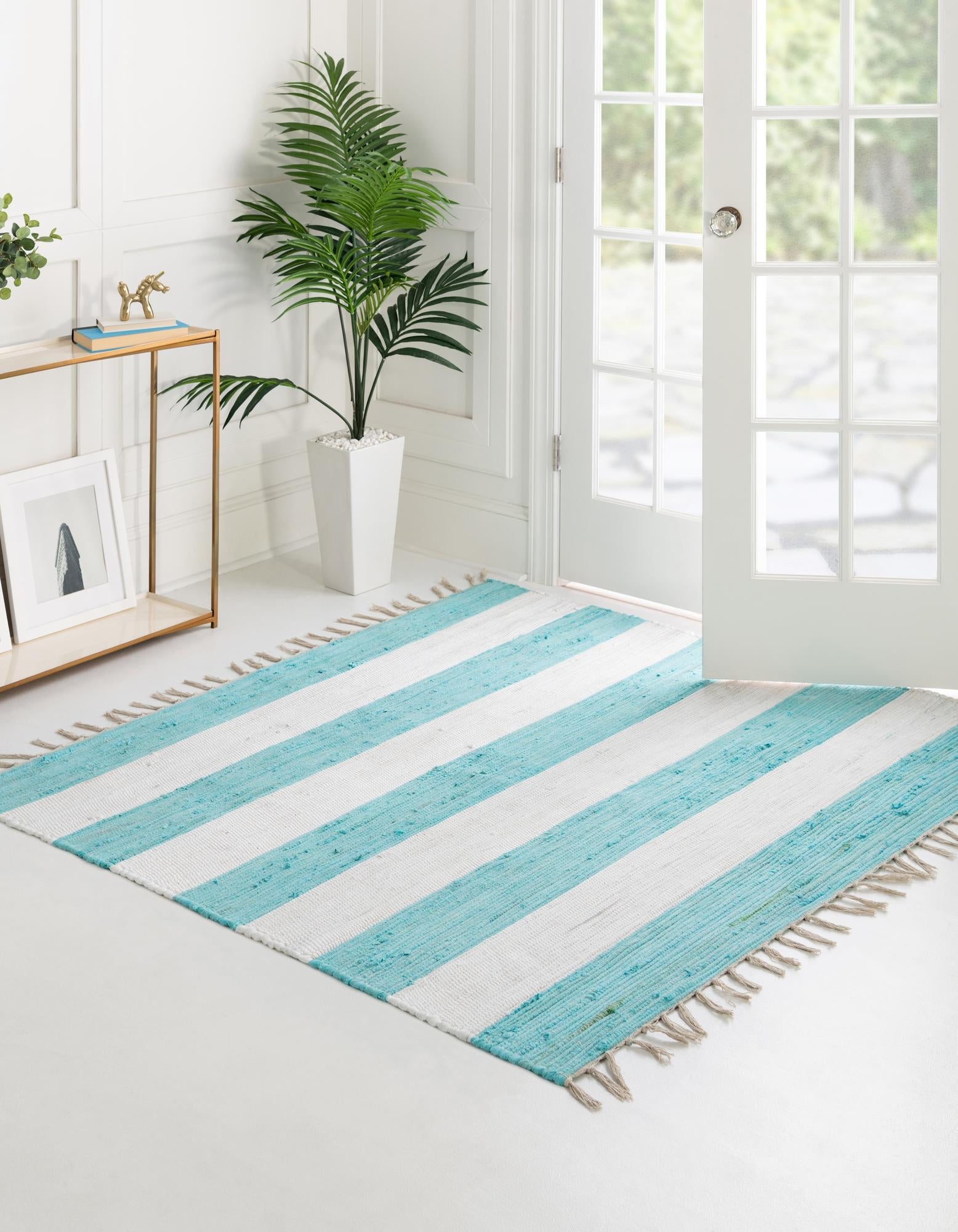 Tassel Trail Collection Area Rug - Pathway (Turquoise and Ivory)