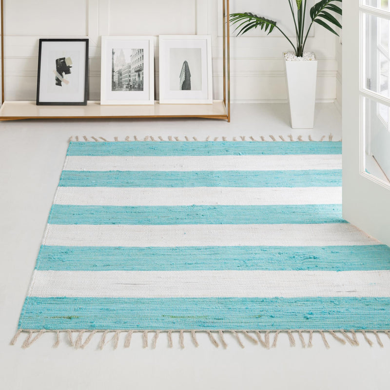 Tassel Trail Collection Area Rug - Pathway (Turquoise and Ivory) Square Turquoise and Ivory  lifestyle 51