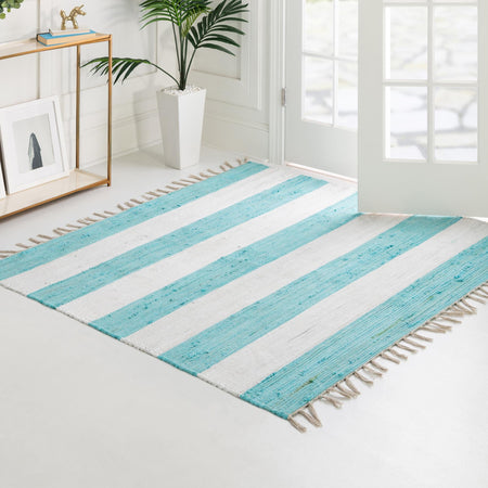 Tassel Trail Collection Area Rug - Pathway (Turquoise and Ivory)