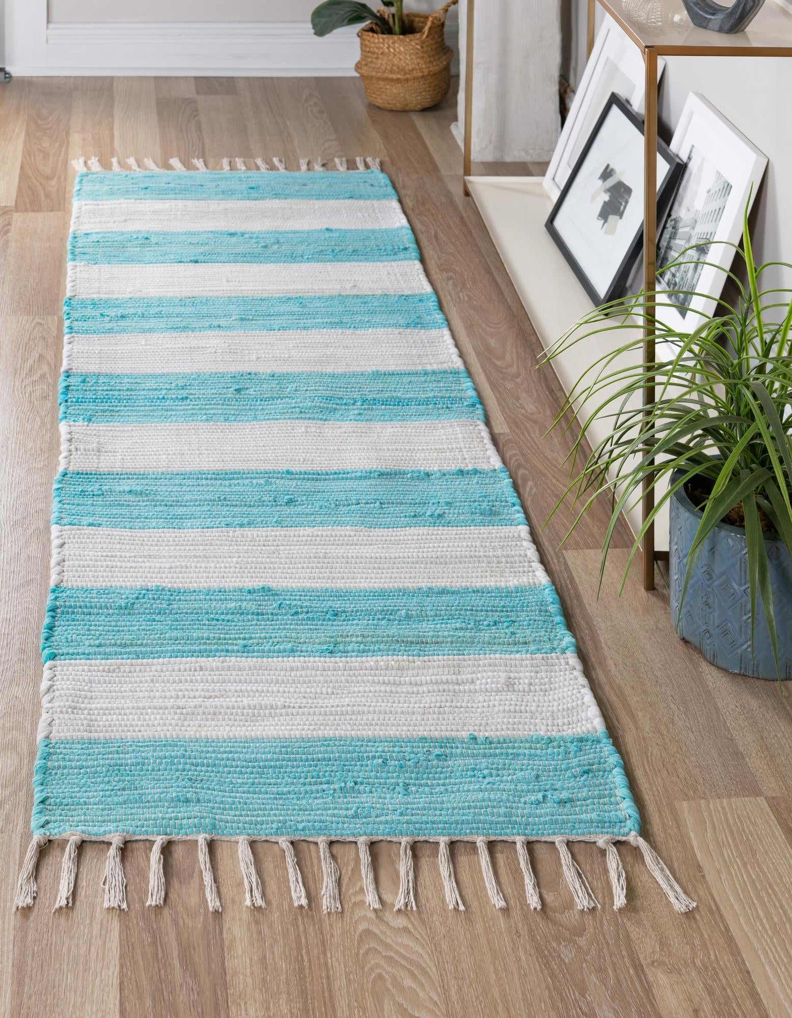 Tassel Trail Collection Area Rug - Pathway (Turquoise and Ivory)